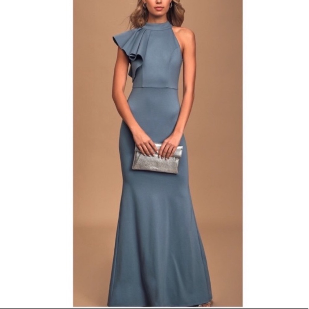 Lulus Margaux Slate Blue One Shoulder maxi dress
